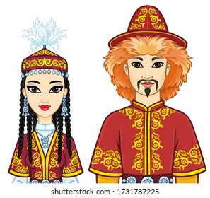 Animation  portrait of  Asian family in a national hat and clothes. Central Asia. Vector illustration isolated on a white background.