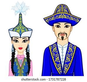 Animation  portrait of  Asian family in a national hat and clothes. Central Asia. Vector illustration isolated on a white background.