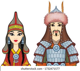 Animation  portrait of  Asian family in a national hat and clothes. Man warrior and Amazon woman. Central Asia. Vector illustration isolated on a white background.