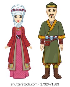Animation  portrait of  Asian family in a national hat and clothes. Full growth. Central Asia. Vector illustration isolated on a white background.