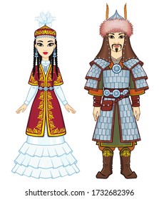 Animation  portrait of  Asian family in a national hat and clothes. Male warrior and female princess. Full growth. Central Asia. Vector illustration isolated on a white background.