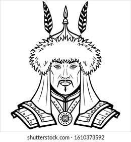 Animation portrait of an Asian man warrior in ancient armor. Central Asia. Vector monochrome illustration isolated on a white background. Print, poster, t-shirt, card. coloring book.