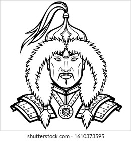 Animation portrait of an Asian man warrior in ancient armor. Central Asia. Vector monochrome illustration isolated on a white background. Print, poster, t-shirt, card. coloring book.