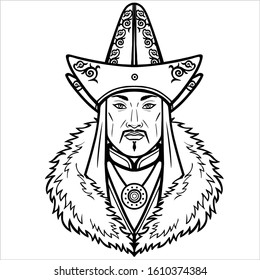 Animation portrait of an Asian man warrior in ancient clothes. Central Asia. Vector monochrome illustration isolated on a white background. Print, poster, t-shirt, card. coloring book.