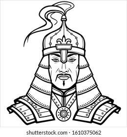 Animation portrait of an Asian man warrior in ancient armor. Central Asia. Vector monochrome illustration isolated on a white background. Print, poster, t-shirt, card. coloring book.