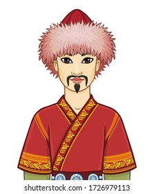 Animation  portrait of  Asian man warrior in a national hat and clothes. Central Asia. Vector illustration isolated on a white background.