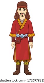 Animation  portrait of  Asian man warrior in a national hat and clothes. Full growth. Central Asia. Vector illustration isolated on a white background.