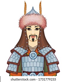 Animation  portrait of  Asian man warrior in a national military armor.  Central Asia. Vector illustration isolated on a white background.