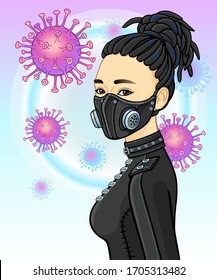 Animation portrait of Asian woman In protective leather steampunk  mask. Protection against coronavirus epidemic. Template for use. Vector illustration.