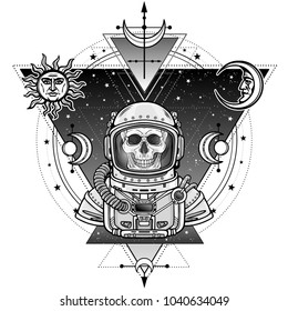 Animation portrait of the astronaut skeleton  in a space suit. Background - the star sky, symbols of the moon and sun. Sacred geometry. Vector illustration isolated.  Print, poster, t-shirt, card.