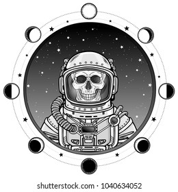 Animation portrait of the astronaut skeleton  in a space suit. Background - the star sky, phases of the moon. Vector illustration isolated.  Print, poster, t-shirt, card.