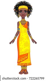 Animation portrait of the attractive African girl. Bright ethnic clothes. Full growth. The vector illustration isolated on a white background.