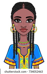 Animation portrait of the attractive African girl. Bright ethnic clothes. The vector illustration isolated on a white background.