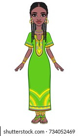 Animation portrait of the attractive African girl. Bright ethnic clothes. Full growth. The vector illustration isolated on a white background.