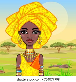 Animation portrait of the attractive African girl in a turban. Bright ethnic clothes. Background - a landscape of the African savanna. Vector illustration.