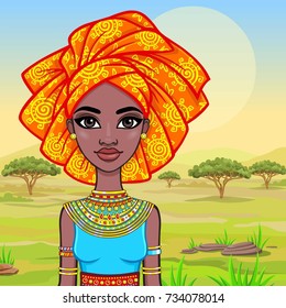 Animation portrait of the attractive African girl in a turban. Bright ethnic clothes. Background - a landscape of the African savanna. Vector illustration.