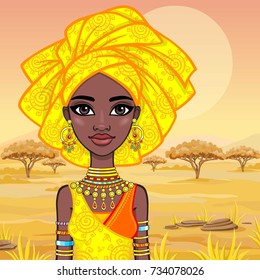 Animation portrait of the attractive African girl in a turban. Bright ethnic clothes. Background - a landscape of the African savanna. Vector illustration.