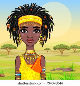 Animation portrait of the attractive African girl. Bright ethnic clothes. Background - a landscape of the African savanna. Vector illustration.