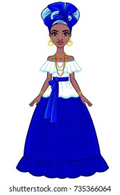 Animation portrait of the attractive Brazilian girl. Bright ethnic clothes. Full growth. The vector illustration isolated on a white background.