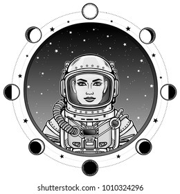 Animation portrait of the attractive woman astronaut in a space suit.Background - the star sky, phases of the moon. Vector illustration isolated on a white background. Print, poster, t-shirt, card.