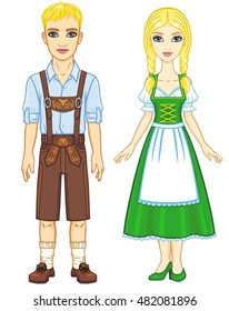 Animation portrait of the Bavarian family ancient traditional clothes. Full growth. The vector illustration isolated on a white background.