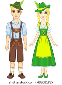 Animation portrait of the Bavarian family ancient traditional clothes. Full growth. The vector illustration isolated on a white background.