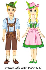 Animation portrait of the Bavarian family ancient traditional clothes. Full growth. The vector illustration isolated on a white background.