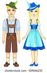 Animation portrait of the Bavarian family ancient traditional clothes. Full growth. The vector illustration isolated on a white background.