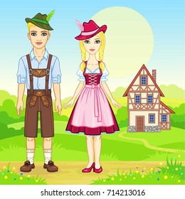 Animation portrait of the Bavarian family in ancient traditional clothes. Background - a summer landscape, the old house. Fairy tale character, card, poster, print, vector illustration.