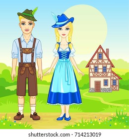 Animation portrait of the Bavarian family in ancient traditional clothes. Background - a summer landscape, the old house. Fairy tale character, card, poster, print, vector illustration.