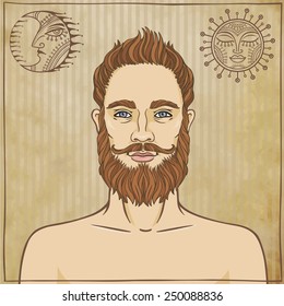 Animation portrait bearded man. A background old paper with symbols of the sun and moon.