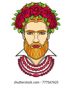 Animation portrait of the bearded man in beads and a wreath of roses. Mix men's and feminine. Vector illustration isolated on a white background. Print, poster, t-shirt, card.
