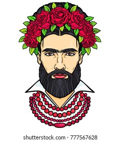 Animation portrait of the bearded man in beads and a wreath of roses. Mix men's and feminine. Vector illustration isolated on a white background. Print, poster, t-shirt, card.