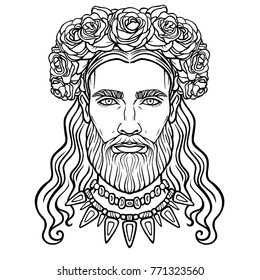 Animation portrait of the bearded man with long hair in an ancient necklace and a wreath of roses. Mix men's and feminine. Vector illustration isolated on a white background.