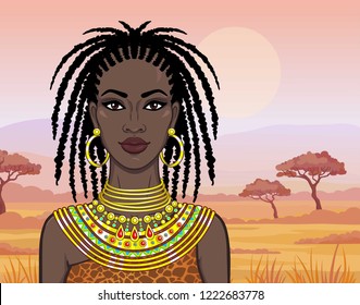 Retrato de animación de la bella chica africana vestida de antaño. princesa sabana. Antecedentes - un paisaje desierto. Ilustración vectorial.