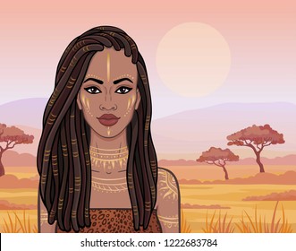 Animation portrait of the beautiful African girl in ancient clothes. Savanna princess. Background - a desert landscape. Vector illustration.