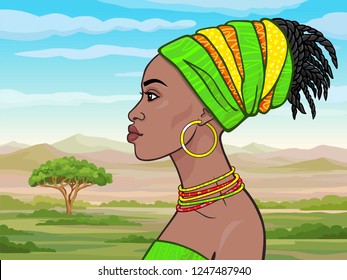 Animation portrait of the beautiful African girl in a turban. Profile view. Color drawing. Background - a landscape the savanna, mountains. Vector illustration. 