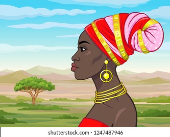 Animation portrait of the beautiful African girl in a turban. Profile view. Color drawing. Background - a landscape the savanna, mountains. Vector illustration. 