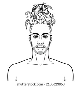 Animation portrait of beautiful African man  with dreadlock hairstyle. Monochrome drawing. Vector illustration isolated on a white background. Be used for coloring book.