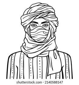 Animation portrait of beautiful African man in a turban. Monochrome linear drawing. Vector illustration isolated on a white background. 