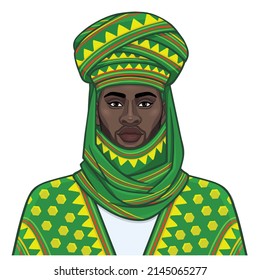 Animation Porträt von schönen afrikanischen Mann in einem Turban. Farbzeichnung. Vektorgrafik einzeln auf weißem Hintergrund. 