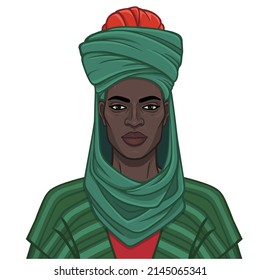 Retrato de animación de un hermoso hombre africano en un turbante. Dibujo de color. Ilustración vectorial aislada en un fondo blanco. 