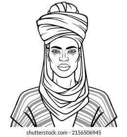 Animation Porträt von schönen afrikanischen Mann in einem Turban. Einfarbige lineare Zeichnung. Vektorgrafik einzeln auf weißem Hintergrund. 