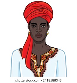 Animation portrait of beautiful African man in a turban. Color drawing. Vector illustration isolated on a white background. 