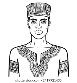 Animation portrait of beautiful African man in traditional clothing. Linear drawing. Vector illustration isolated on a white background.	