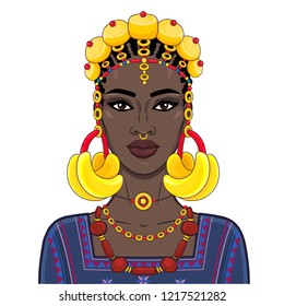 Animation portrait of the beautiful African woman in ancient clothes and jewelry. Color drawing. Vector illustration isolated on a white background. Print, poster, t-shirt, card.