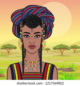 Animation portrait of the beautiful African woman  in a turban. Savanna princess, Amazon, nomad. Background - a landscape the desert.  Vector illustration.