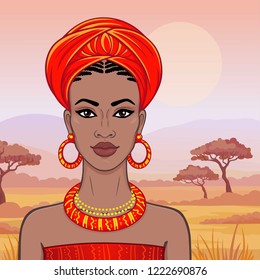 Animation portrait of the beautiful African woman  in a turban. Savanna princess, Amazon, nomad. Background - a landscape the desert.  Vector illustration.