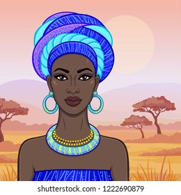 Animation portrait of the beautiful African woman  in a turban. Savanna princess, Amazon, nomad. Background - a landscape the desert.  Vector illustration.