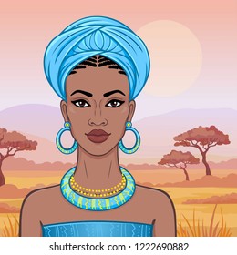 Animation portrait of the beautiful African woman  in a turban. Savanna princess, Amazon, nomad. Background - a landscape the desert.  Vector illustration.